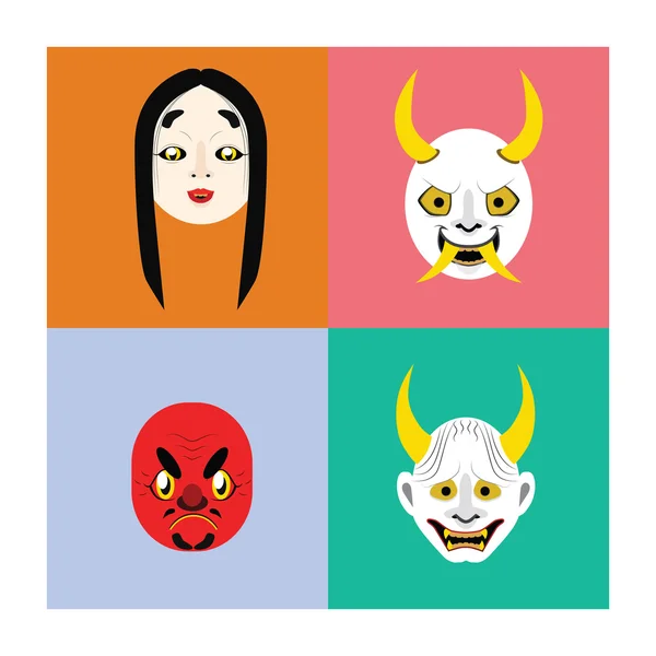 日本恶魔面具在平色一套 — 图库矢量图片