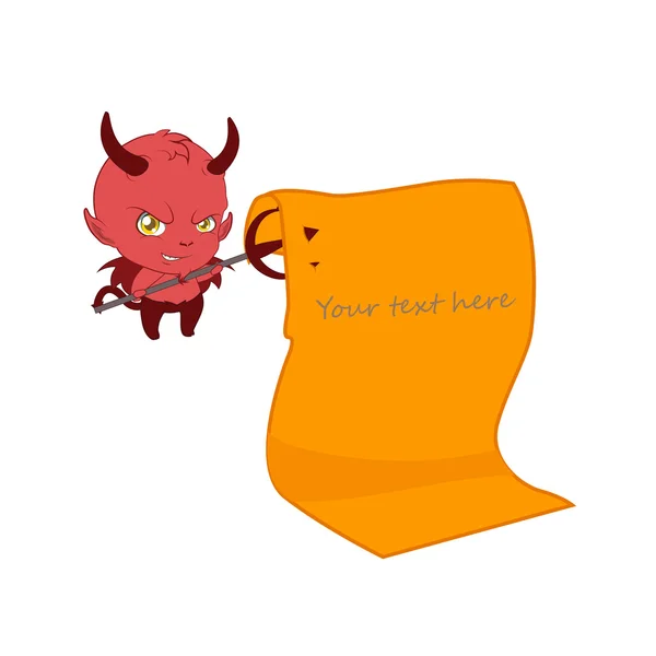 Niedlicher Teufel hält ein Schild mit seiner Mistgabel — Stockvektor
