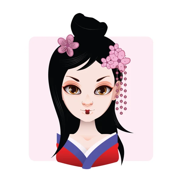 Beautiful geisha in blue and red kimono illustration — ストックベクタ