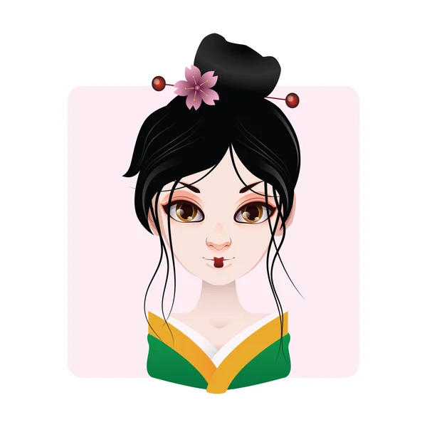 Schöne Geisha in grünen und gelben Kimono-Illustration — Stockvektor