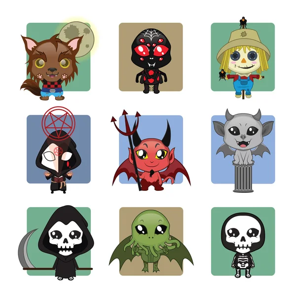 Set mit 9 verschiedenen Halloween-Monster-Maskottchen — Stockvektor