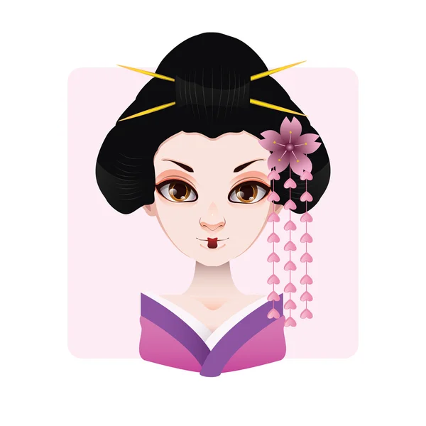 Hermosa geisha en color violeta y rosa kimono ilustración — Archivo Imágenes Vectoriales