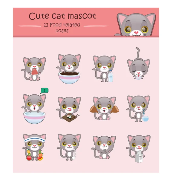 Cute cinza gato mascote ilustração com 12 alimentos relacionados poses — Vetor de Stock