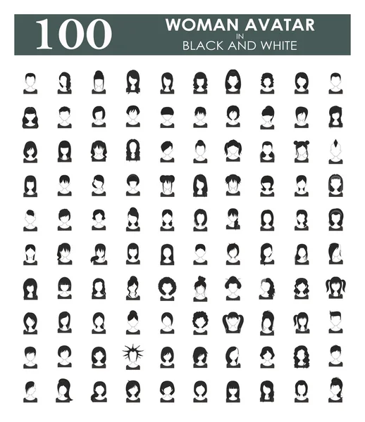 Koleksiyon 100 kadın avatar siyah ve beyaz renkte