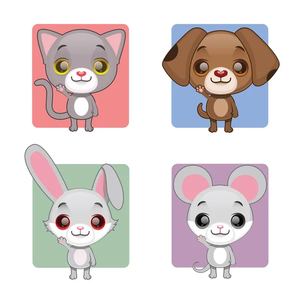 Colección de 4 animales lindos diferentes - gato, perro, conejo, ratón — Vector de stock