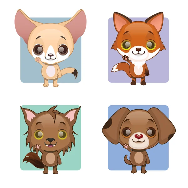 Colección de 4 animales lindos diferentes - zorro fennec, zorro, lobo, perro — Vector de stock