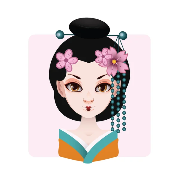 Hermosa geisha en verde y naranja kimono ilustración — Vector de stock