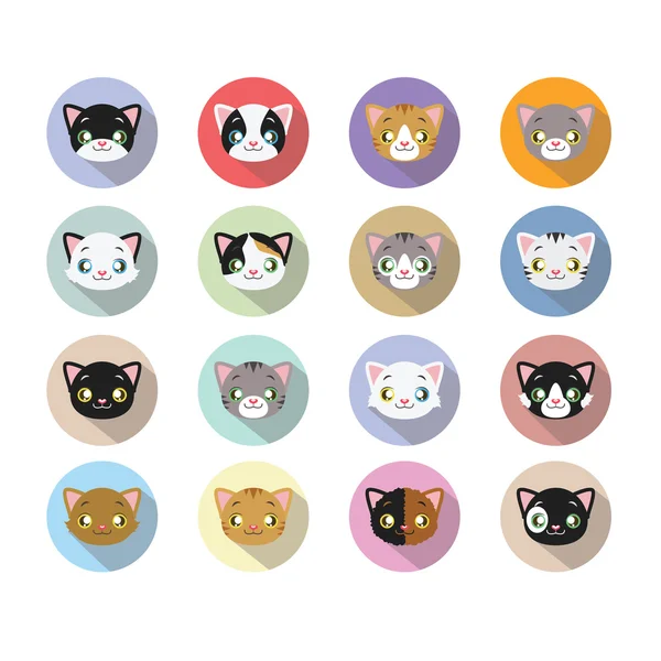 16 Kitty iconos de la cabeza con sombra larga — Vector de stock