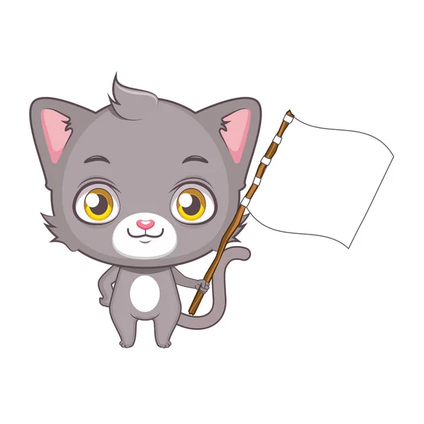 Personagem gato cinza bonito segurando uma bandeira em branco —  Vetores de Stock