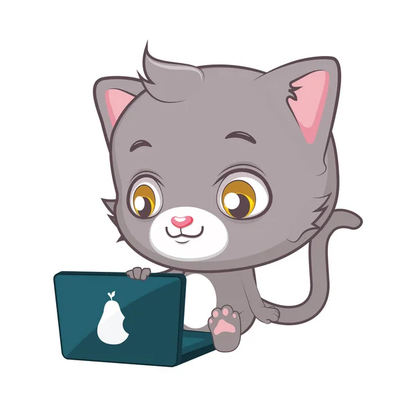 Lindo personaje de gato gris mirando portátil — Vector de stock