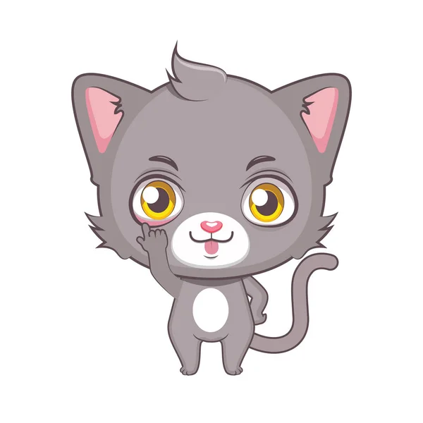 かわいいグレー猫のキャラクターの顔を引っ張って — ストックベクタ