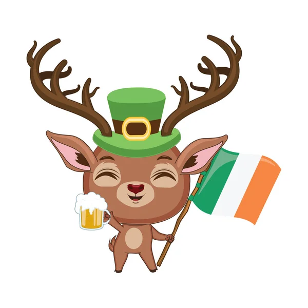 Cute red deer holding a glass of beer and the flag of Ireland in their hands — Stock Vector