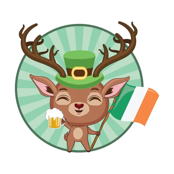 Cute red deer on a background holding a glass of beer and the flag of Ireland in their hands — Stock Vector