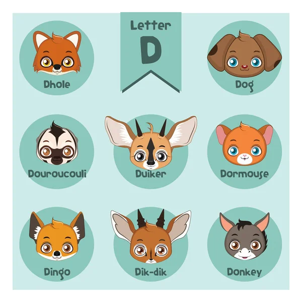 Animal portrait alphabet - Letter D — Stock Vector