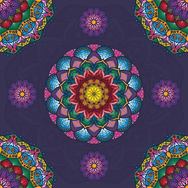 Beau mandala coloré motifs sans couture avec backgroun violet — Image vectorielle