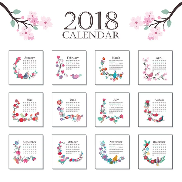 Calendario 2018 con hermosas aves y flores coloridas — Archivo Imágenes Vectoriales