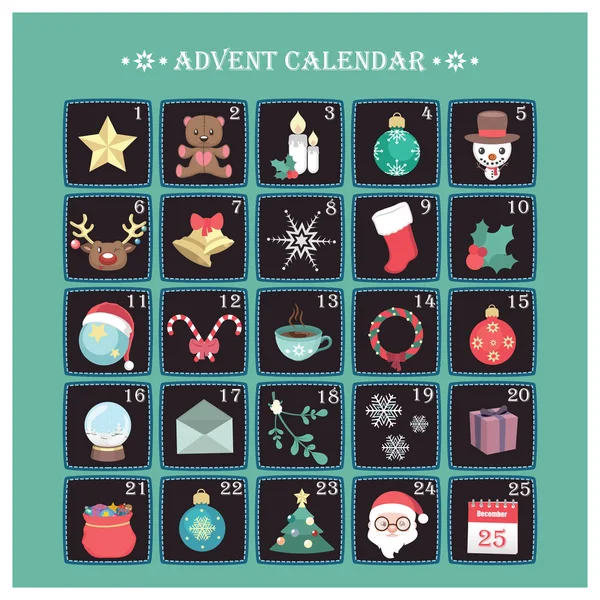 Adventskalender mit verschiedenen fröhlichen weihnachtlichen Elementen — Stockvektor