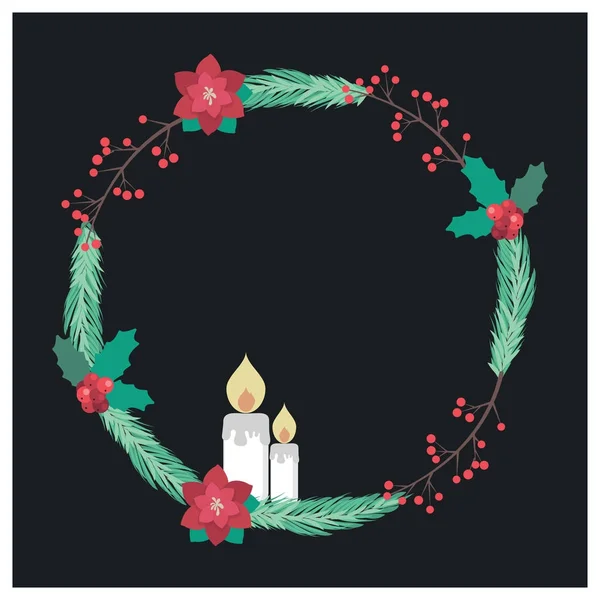 Belle couronne de Noël avec flore et bougies — Image vectorielle