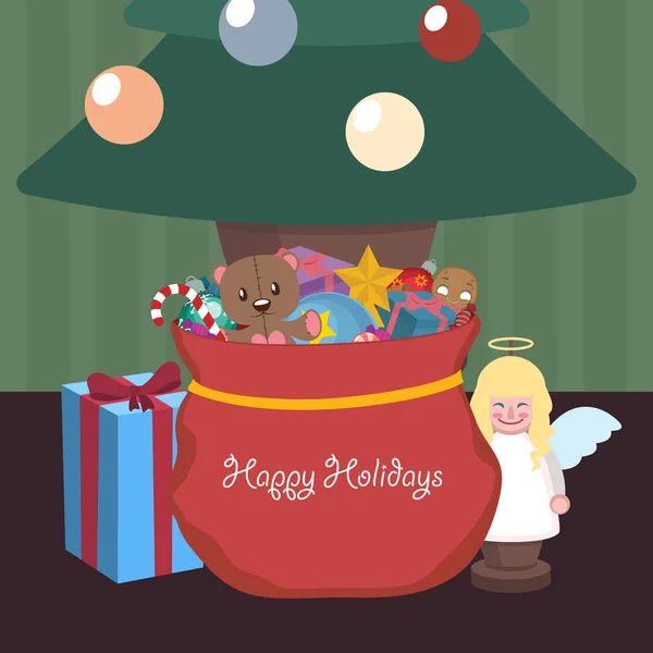 Χριστούγεννα σκηνή με τσάντα παρουσιάζει κάτω από το δέντρο — Διανυσματικό Αρχείο