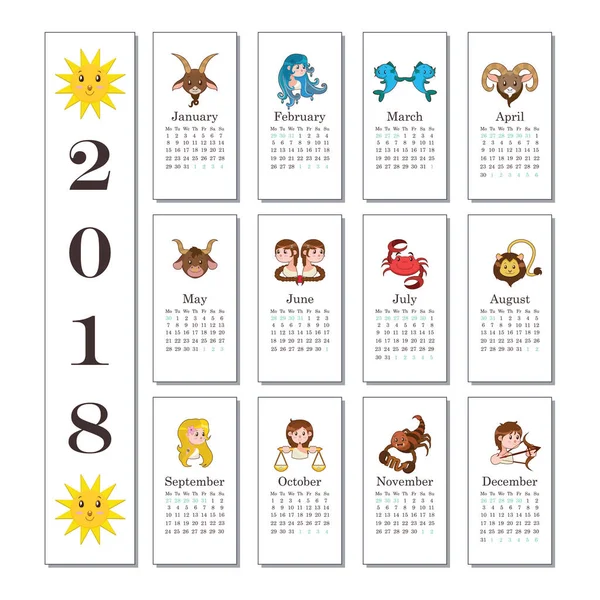 Calendrier 2018 avec de jolis signes de dessin animé du zodiaque — Image vectorielle
