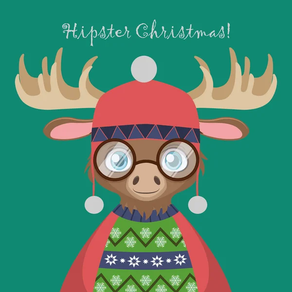 Lindo alce hipster con un suéter de Navidad feo — Vector de stock