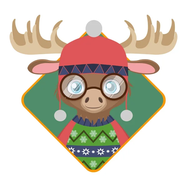 Badge d'un mignon orignal hipster avec un pull de Noël laid — Image vectorielle