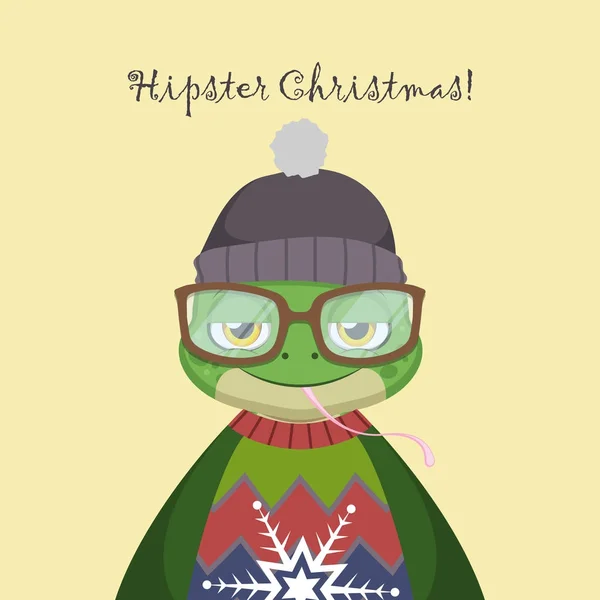 Niedlicher Hipster-Frosch mit hässlichem Weihnachtspullover — Stockvektor