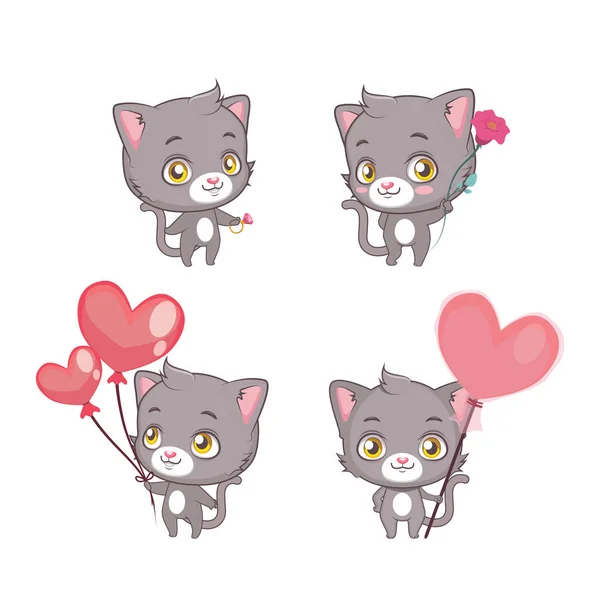 Roztomilý kočka šedá kolekce s Valentine téma — Stockový vektor