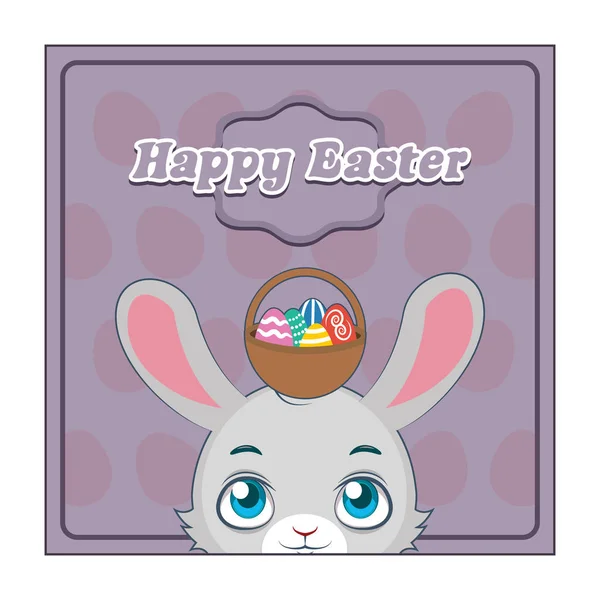 Lindo conejito de Pascua y cesta de huevos saludo — Archivo Imágenes Vectoriales