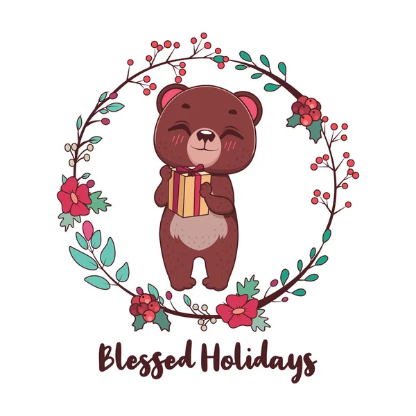 かわいいクマと花輪で祝福の休日の挨拶 — ストックベクタ