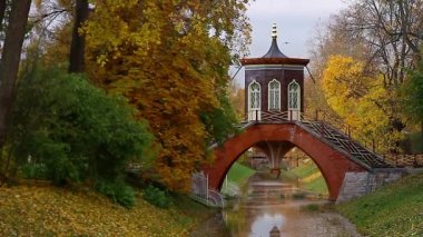 Sarı, kırmızı, yeşil ağaçlar ile güzel bir sonbahar park: Kuşlar uçar, su dökülen, su üstünde eski bir çardak olduğunu