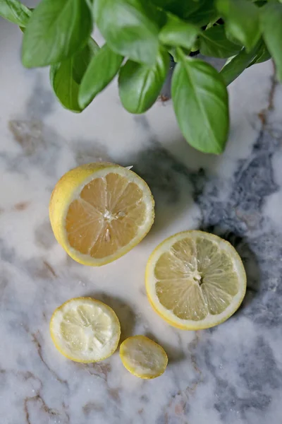 Fesleğen yapraklı mermer tezgahın üzerine limon dilimliyor.