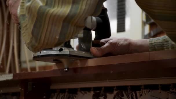 Timmerman Routing Rand Van Het Houten Stuk Met Hand Router — Stockvideo