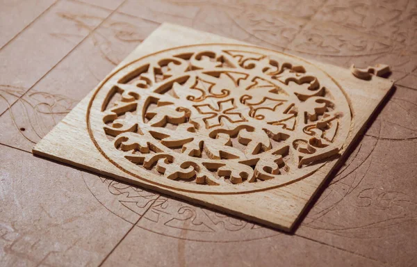 Cnc Machine Has Yet Routed Wood Cutting Oud Guitar Hole — Stock Photo, Image