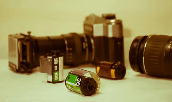 Unused Exposure Film Rolls Perspective Preferentially Placed Old Ancient Cameras — Stock Photo, Image