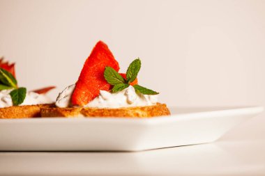 Bir tabak dekoratif somon balığı bruschetta aperatifinde. 