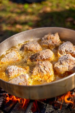 Bir macerada kamp yaparken açık ateşte yemek pişirmek