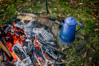 Kamp alanında kamp ateşi yakmak.