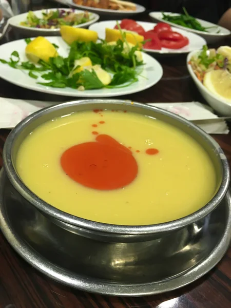 Traditional Turkish Yellow Lentil Soup Metal Bowl Salad Vegetables — Stock Photo, Image