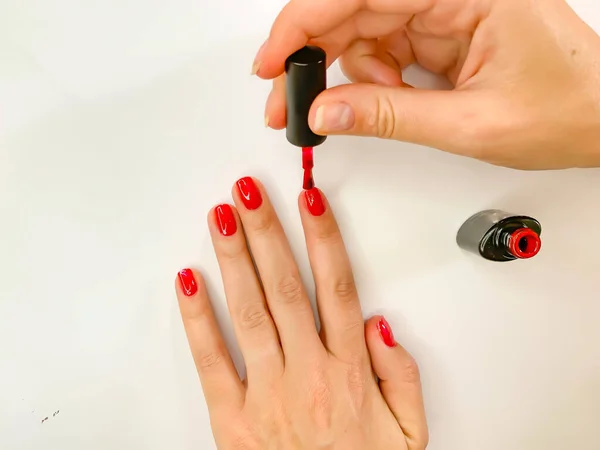 用红色的指甲油在白色的背景上涂上指甲油的女性 家里的自我修指甲 — 图库照片