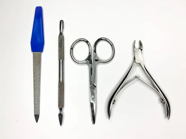 Manicure Pedicure Tools Set Nagelverzorging Bovenaanzicht Een Witte Achtergrond — Stockfoto