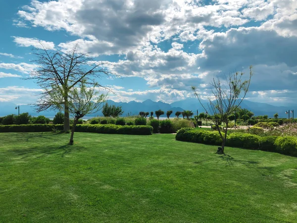 Antalya 'da dağları ve arka planında Akdeniz olan güzel bir yeşil park. Yatay saf doğa görüntüsü