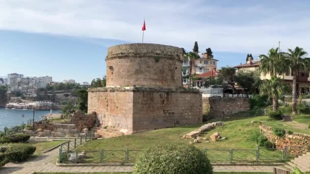 Full Video Antika Hidirlik Tower Castle Kaleici Antalya Turkiet Landskap — Stockvideo