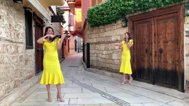 Dos Jóvenes Bonitas Hermanas Gemelas Violinistas Vestidos Concierto Amarillos Están — Vídeos de Stock