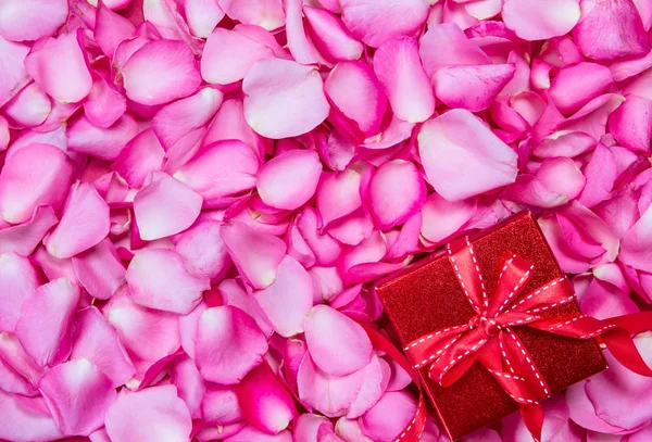 浪漫红玫瑰花瓣与礼物框背景 — 图库照片