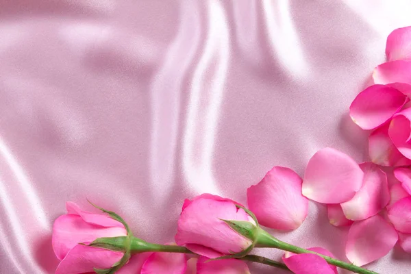 软软的粉红色丝织品上的一束甜粉色玫瑰花瓣，罗马 — 图库照片
