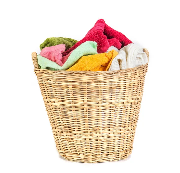 Close up color mix  towel in wicker baskets on white background — Stock Photo, Image