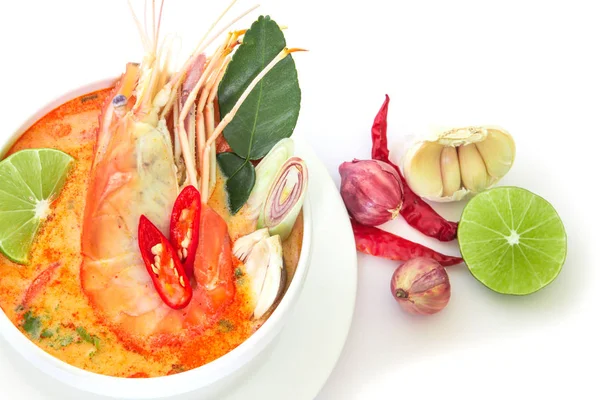 Close up Sopa picante asiática com camarão em tigela branca, famoso Tha — Fotografia de Stock