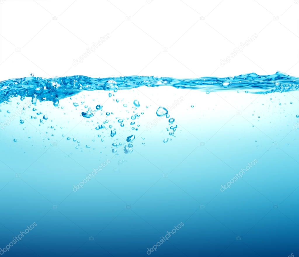 Close up blue Water splash with bubbles on white background