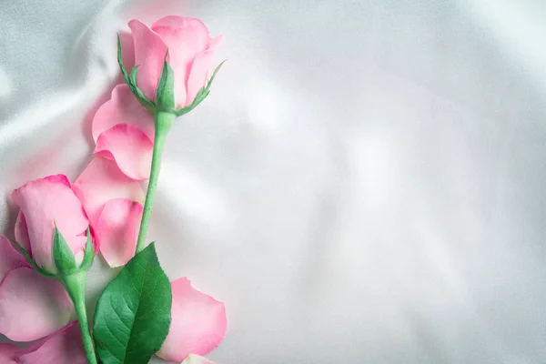 부드러운 하얀 실크 직물, ro에 꽃다발 달콤한 핑크 장미 꽃잎 — 스톡 사진